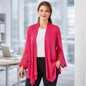 INC International Concepts Crochet Lace Cardigan Sz XL Pink Open Front Ribbed